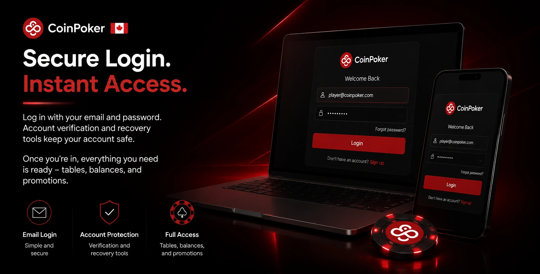 CoinPoker Canada secure login on laptop and phone with email
