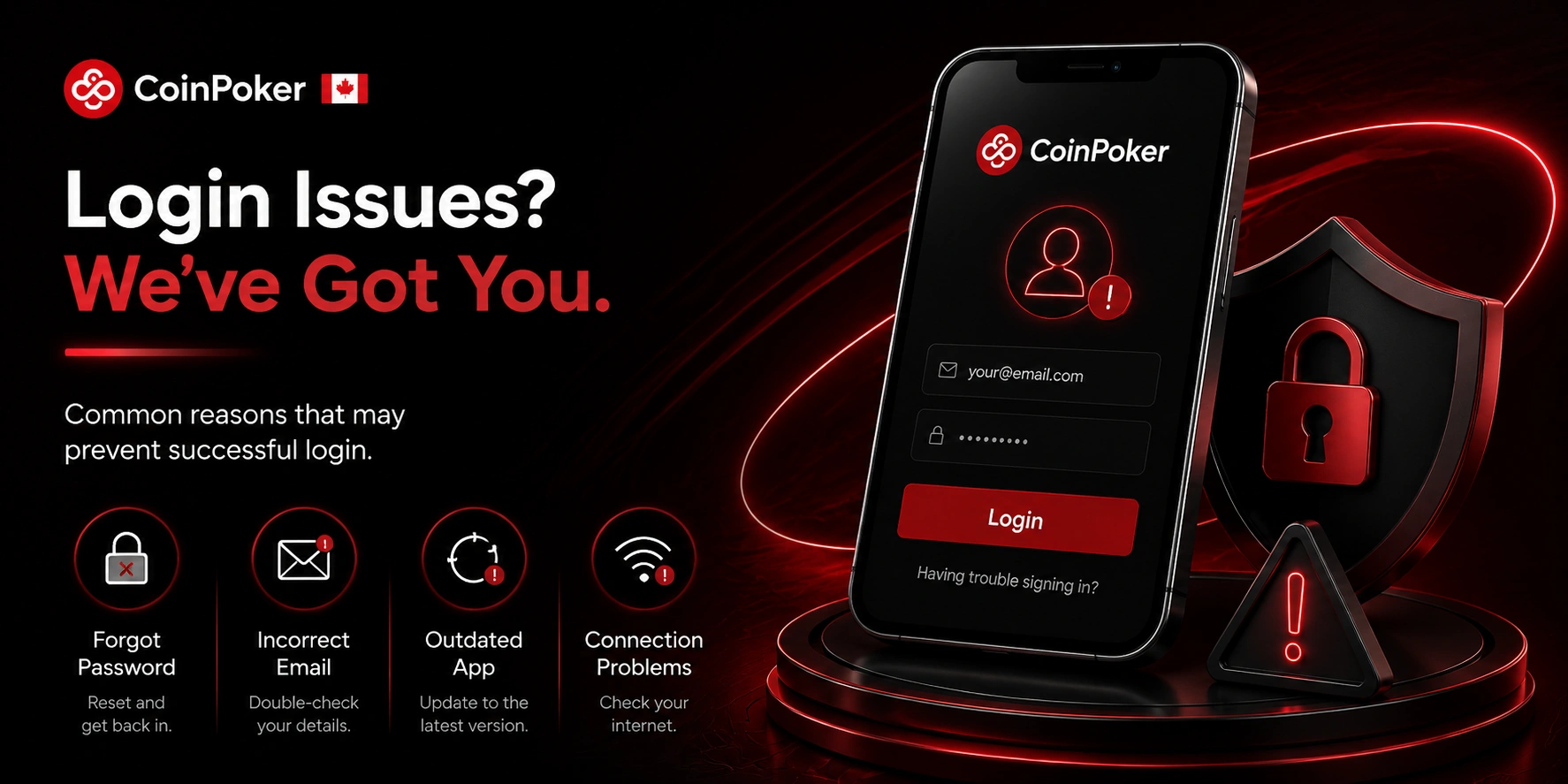 CoinPoker Canada login issues guide with mobile and shield