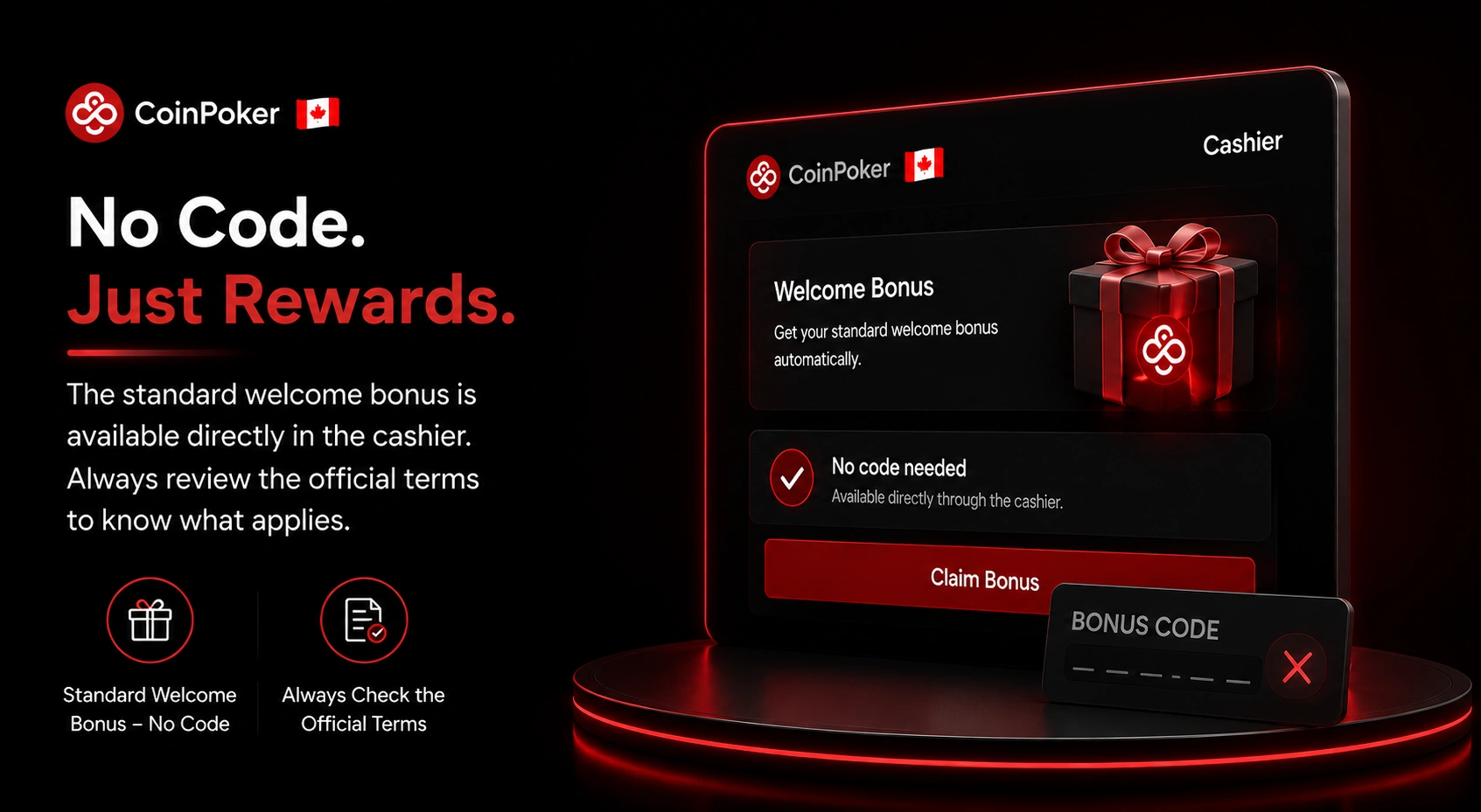 CoinPoker Canada cashier welcome bonus claimed without promo code