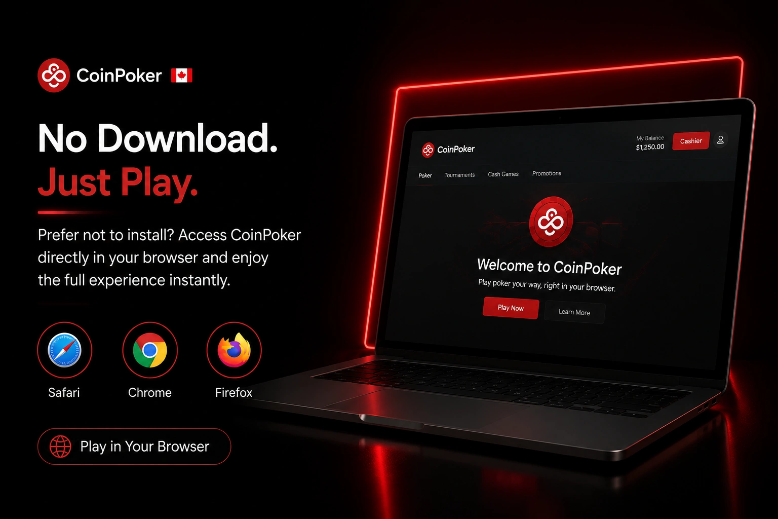 CoinPoker Canada browser play on laptop via Chrome and Safari