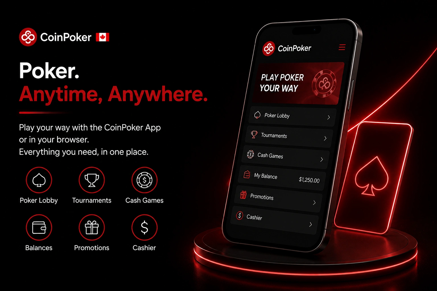 CoinPoker Canada mobile app lobby with poker menu and balance