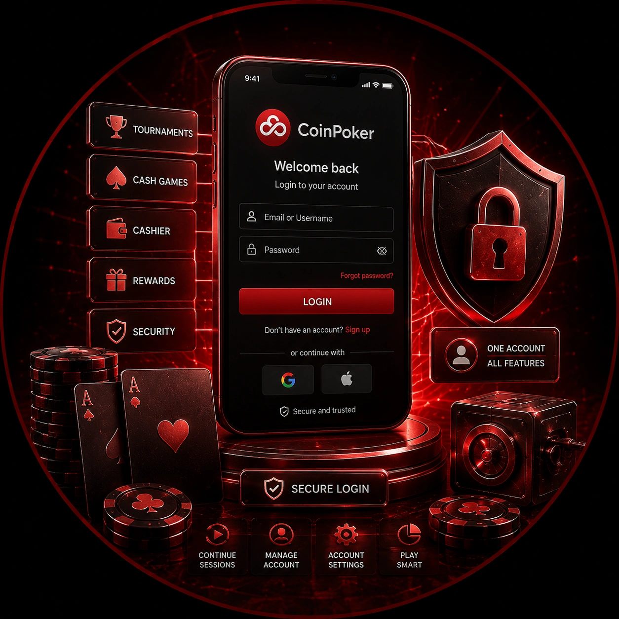 CoinPoker mobile login screen with security and account features