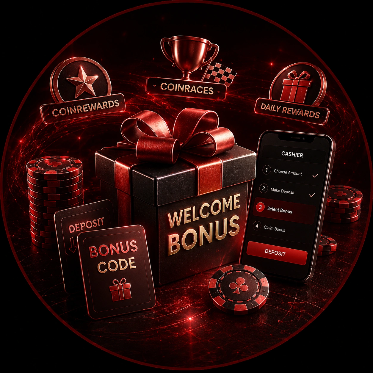 CoinPoker welcome bonus giftbox with CoinRaces and cashier steps